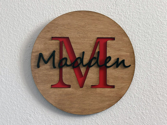 Custom monogram sign with name overlay. Variety of colors and wood stain options to choose from. Makes a great gift for friends, loved ones, teacher appreciation. Approximately 11.75" in diameter. Handmade by Space Rubber Ducky Designs.