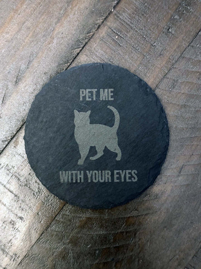 Add humor and style to your home with these laser engraved slate coasters with playful cat designs. The purfect gift, stocking stuffer or house warming gift.