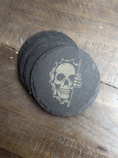 Enjoy a beverage while protecting your tabletops with these creepy, chilling, skeleton themed slate coasters. You might say they're "spooky, scary, skeletons".... The perfect stocking stuffer, groomsman or house warming gift. These slate coasters will be right at home in any man cave or she shed.