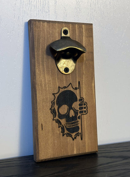 It's spooky season all year long with Mr. Bones peeking around the corner! Each custom magnetic bottle opener is handmade and has hidden rare earth magnets to catch metal bottle caps. Wall-mounted or magnetic backing options. Multiple wood stain choices. Made by Space Rubber Ducky Designs in Southern California, USA.