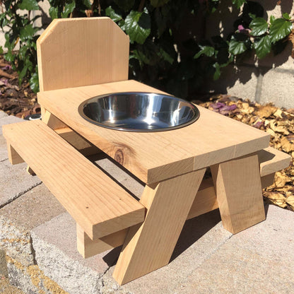 Cedar squirrel picnic bench table. Natural wood or torched and burned for distressed look. Optional freestanding, mounted or stainless steel feed bowl.