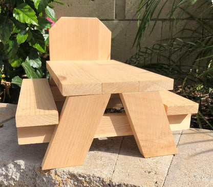 Cedar squirrel picnic bench table. Natural wood or torched and burned for distressed look. Optional freestanding, mounted or stainless steel feed bowl.