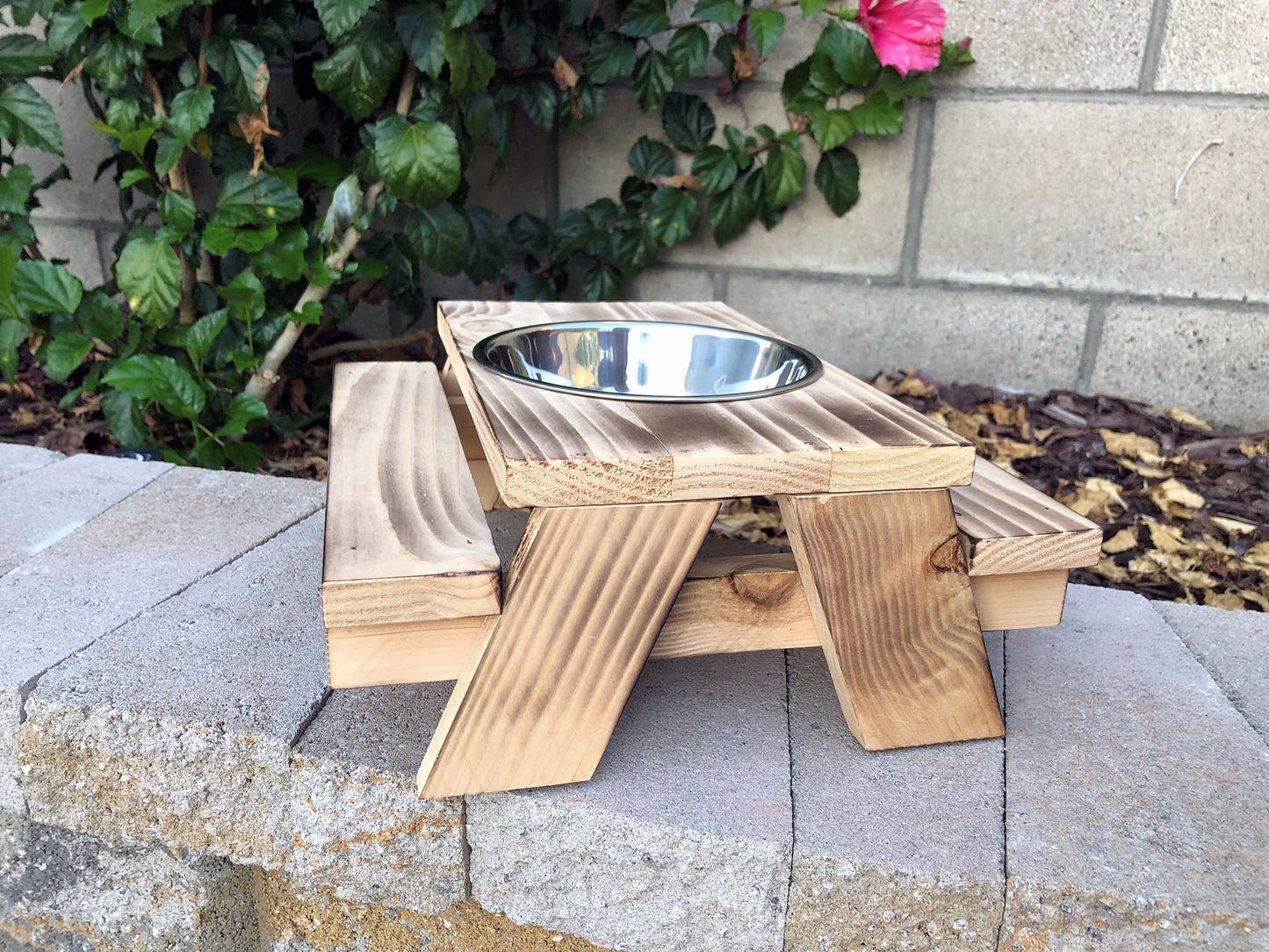 Cedar squirrel picnic bench table. Natural wood or torched and burned for distressed look. Optional freestanding, mounted or stainless steel feed bowl.