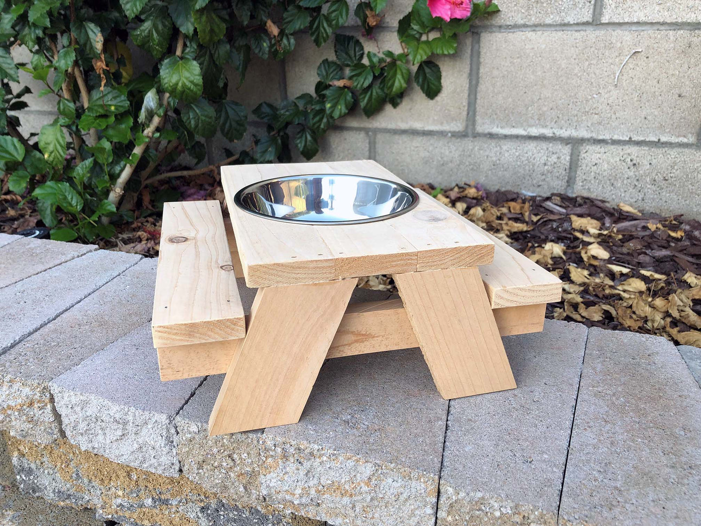 Cedar squirrel picnic bench table. Natural wood or torched and burned for distressed look. Optional freestanding, mounted or stainless steel feed bowl.